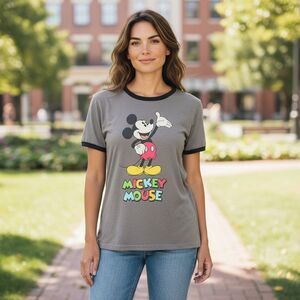 Disney Mickey Mouse Graphic Ringer T-Shirt Unisex 2XL Heather Gray Black